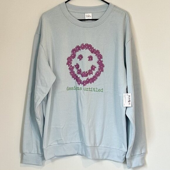 NWT Designs Untitled Sweatshirt Blue Pink Flower Smiley Face - Size XL - Picture 1 of 7